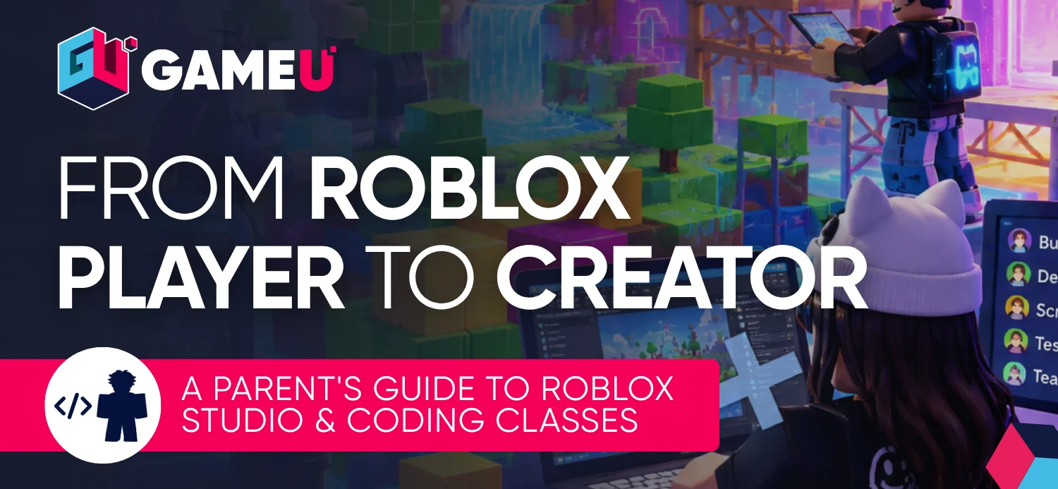 GameU graphic titled "How Kids Can Code in Roblox Studio," featuring a colorful Roblox-inspired game world and a character working on a computer.
